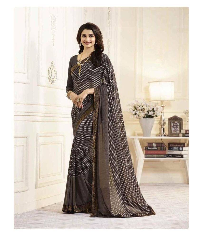 Gazal Fashions Cotton Blend Printed Saree With Unstitched Blouse Piece ( Dark Grey ) Gazal Fashions Cotton Blend Printed Saree With Unstitched Blouse Piece ( Dark Grey )