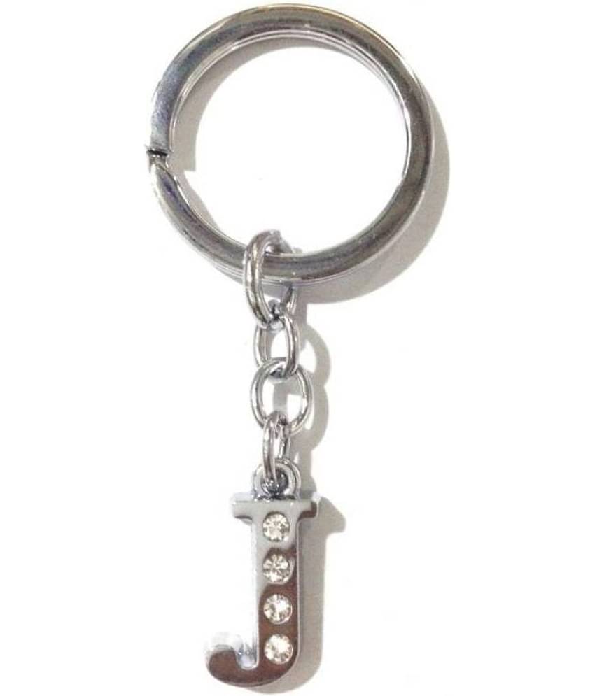 Alphabet J Chrome Metal Finish Keyring Key Chain (Silver)
