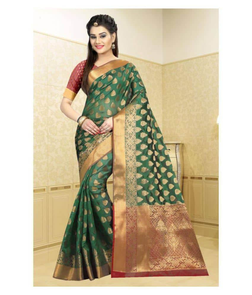 Gazal Fashions Banarasi Silk Embroidered Saree With Unstitched Blouse Piece ( Green ) - Sarees | Buy online on ZillyBuy