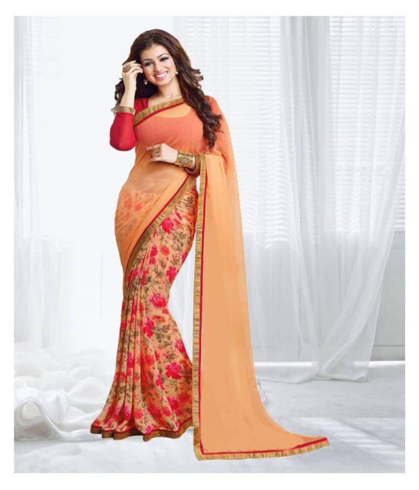 Gazal Fashions Georgette Printed Saree With Unstitched Blouse Piece ( Orange ) - Sarees | Buy online on ZillyBuy