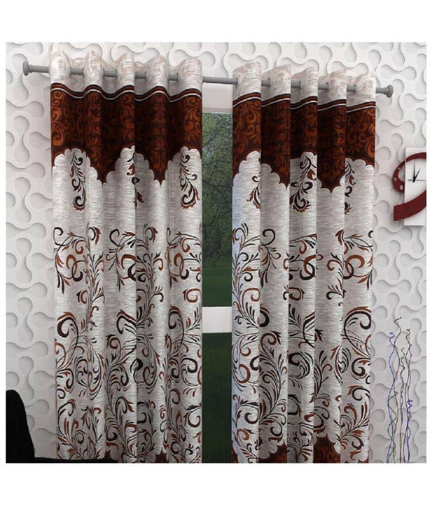 Panipat Textile Hub Printed Semi-Transparent Eyelet Door Curtain 7 ft Pack of 4 -Brown