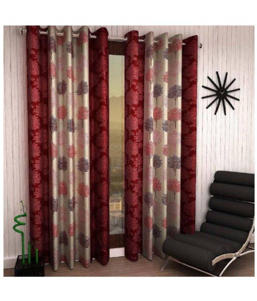     			Phyto Home Floral Semi-Transparent Eyelet Window Curtain 5 ft Pack of 2 -Maroon