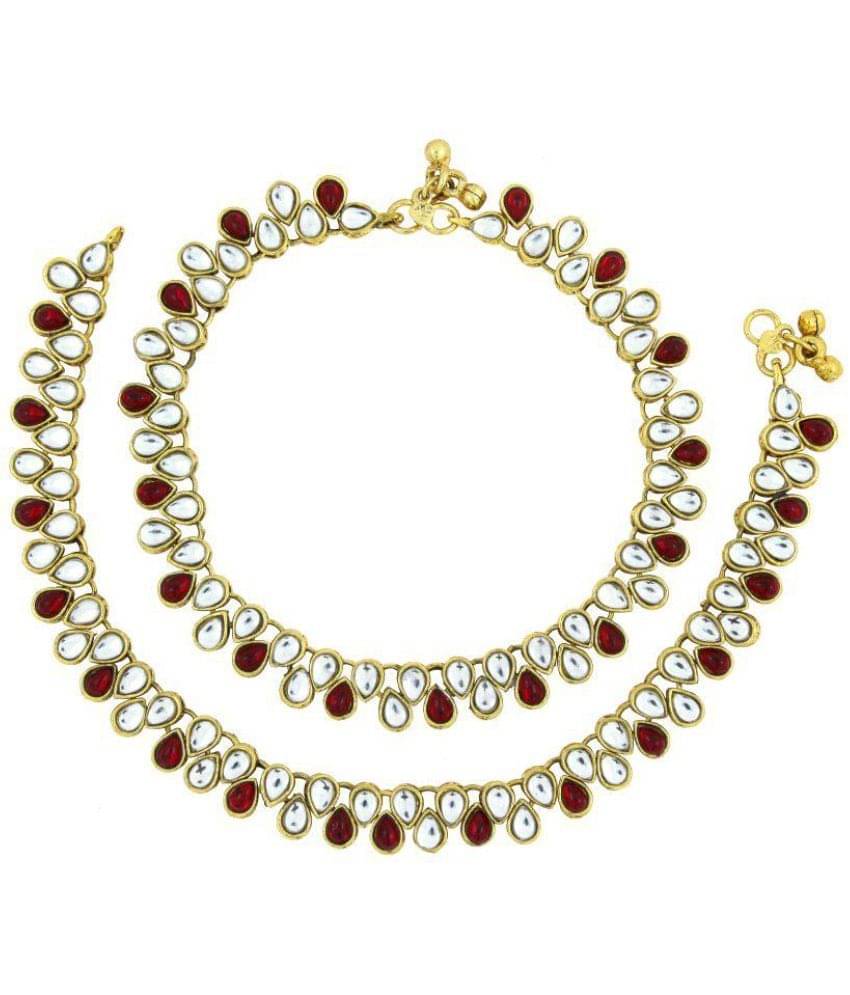 The Jewelbox Antique Traditional Ruby Pearl Kundan Look Pair Of Anklet The Jewelbox Antique Traditional Ruby Pearl Kundan Look Pair Of Anklet