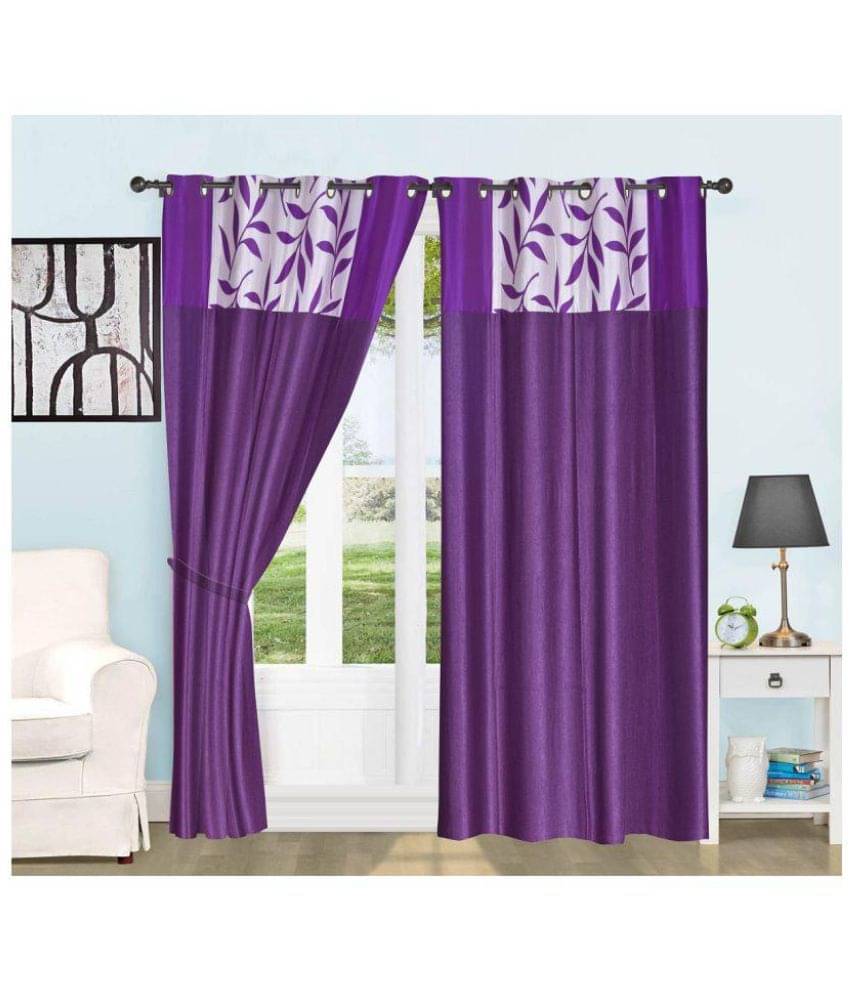     			Tanishka Fabs Floral Semi-Transparent Eyelet Door Curtain 7 ft Pack of 2 -Purple