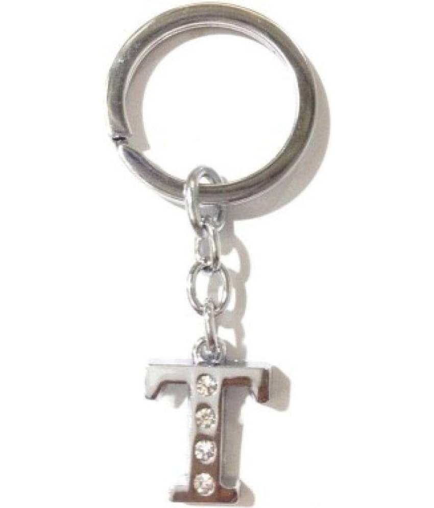 Alphabet T Chrome Metal Finish Keyring Key Chain (Silver)