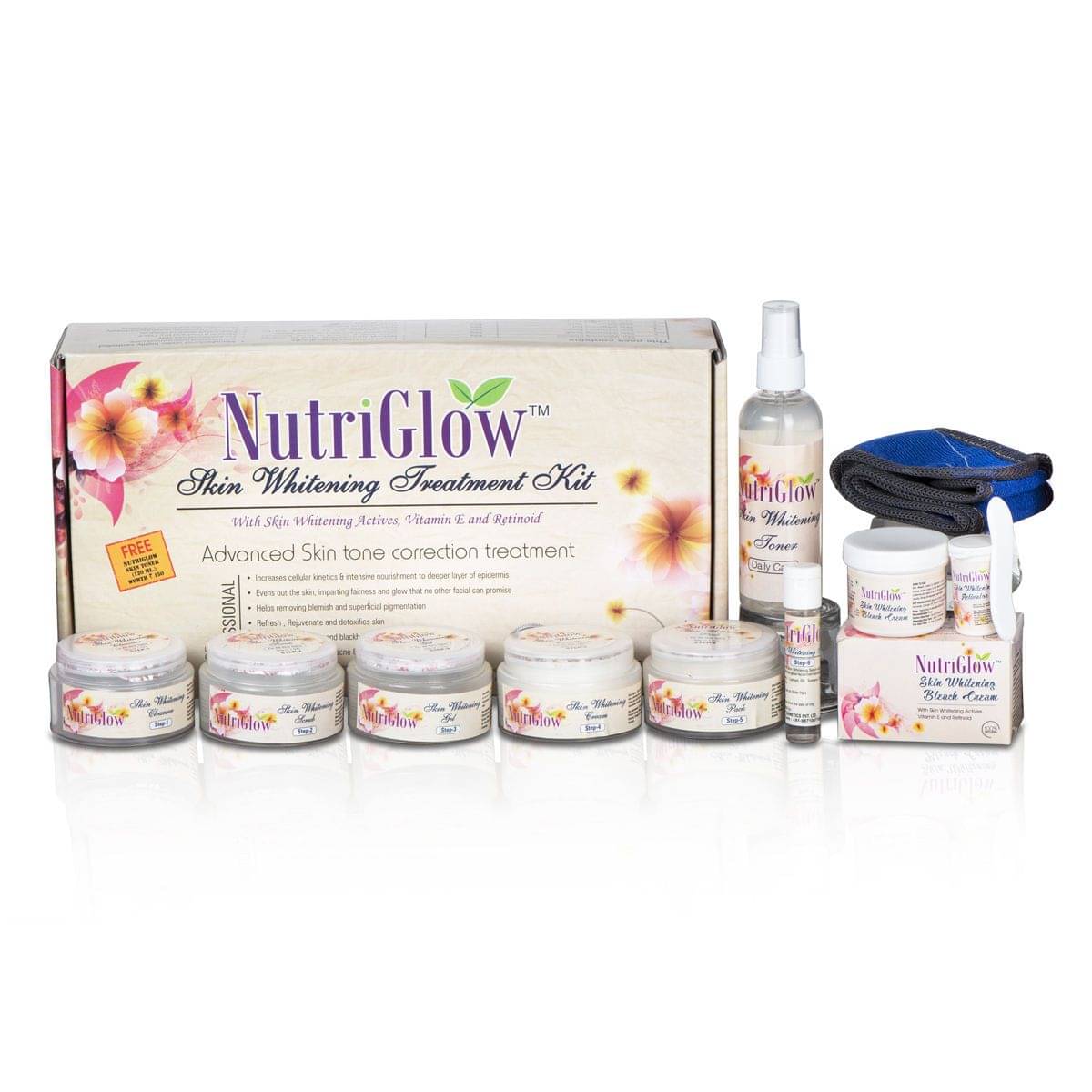     			NutriGlow Skin Whitening Treatment Facial Kit, Bleach Cream (43gm) + Fresh Rose Toner (100ml) + Moisturizing Lotion (50ml) + De Tan Scrub (65gm) + Radiance Day Cream (50gm) With Free Head Band (Pack of 7)