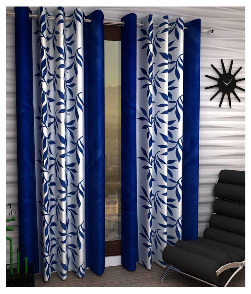 Phyto Home Floral Semi-Transparent Eyelet Door Curtain 7 ft Pack of 2 -Blue