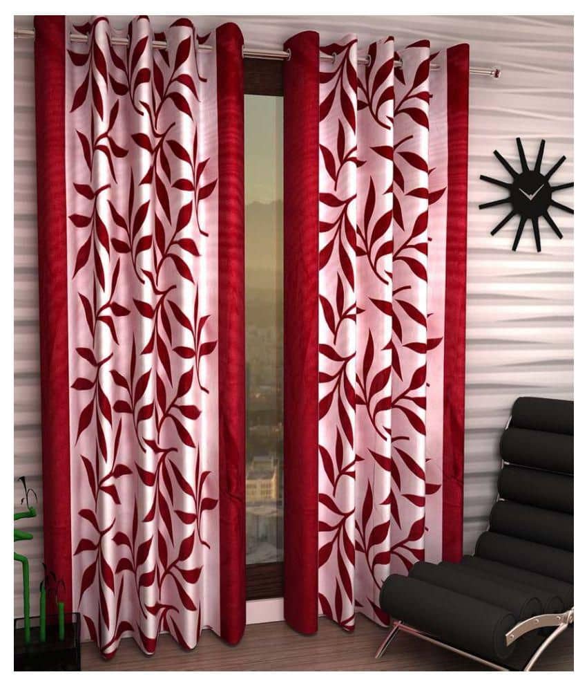 Phyto Home Printed Semi-Transparent Eyelet Door Curtain 7 ft Pack of 2 -Red
