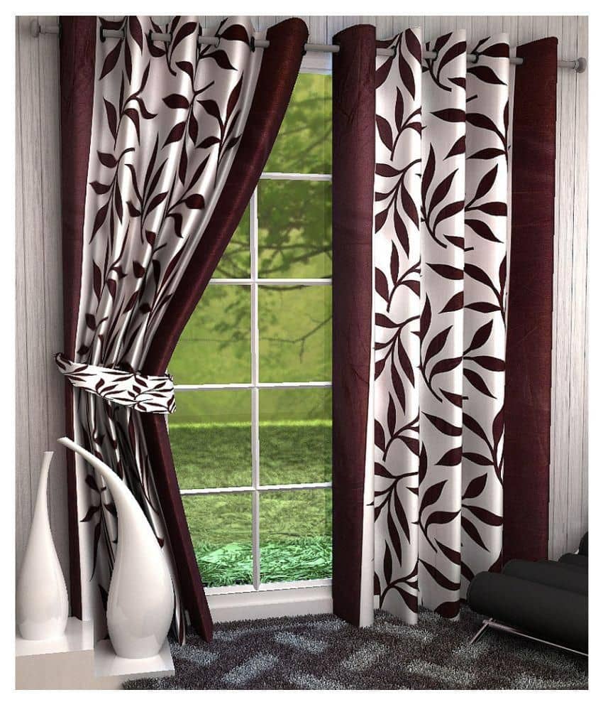Phyto Home Printed Semi-Transparent Eyelet Long Door Curtain 9 ft Pack of 2 -Brown