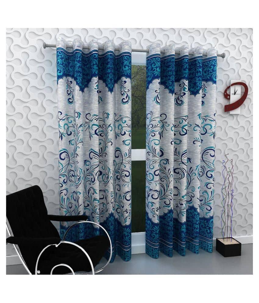 Phyto Home Floral Semi-Transparent Eyelet Door Curtain 7 ft Pack of 2 -Blue