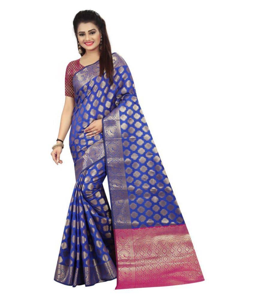 Gazal Fashions Banarasi Silk Embellished Saree With Unstitched Blouse Piece ( Blue ) - Sarees | Buy online on ZillyBuy
