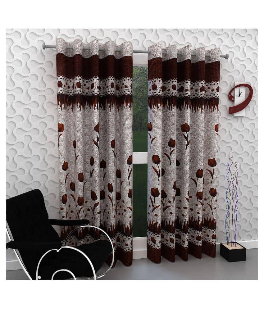 Phyto Home Floral Semi-Transparent Eyelet Door Curtain 7 ft Pack of 2 -Brown