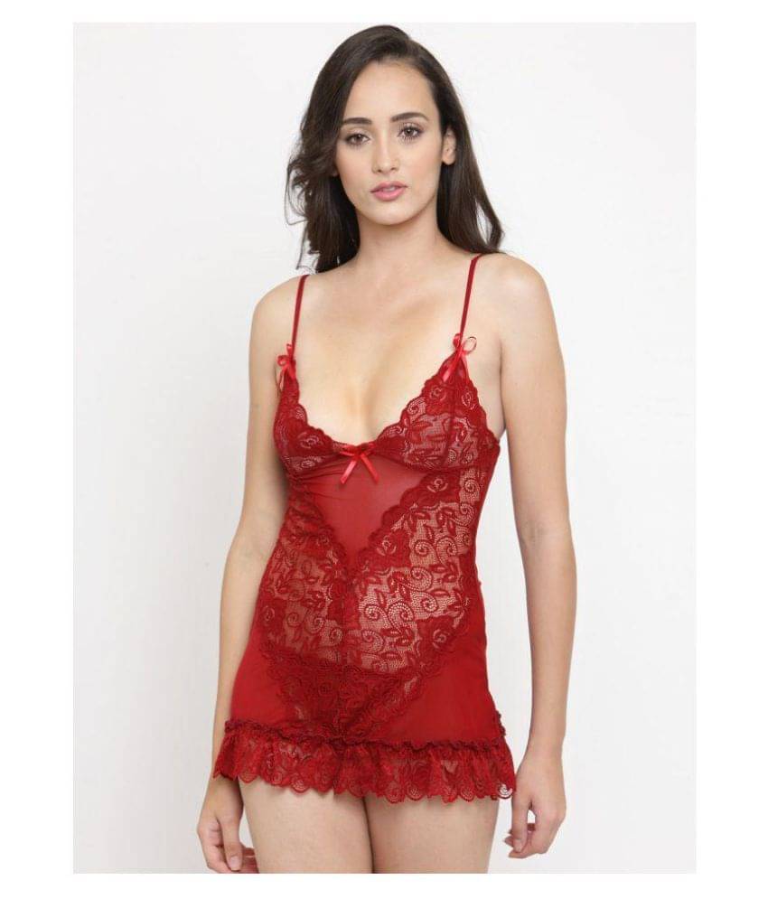     			N-Gal Polyester Baby Doll Dresses With Panty - Maroon