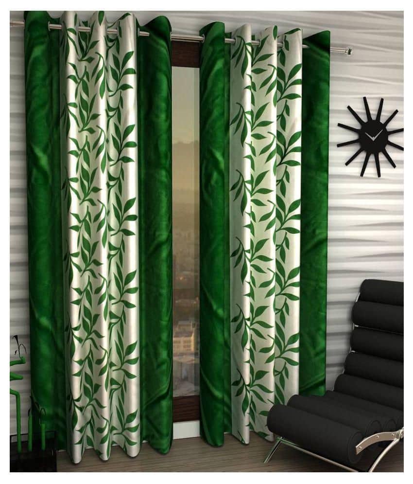 Phyto Home Floral Semi-Transparent Eyelet Long Door Curtain 9 ft Pack of 2 -Green