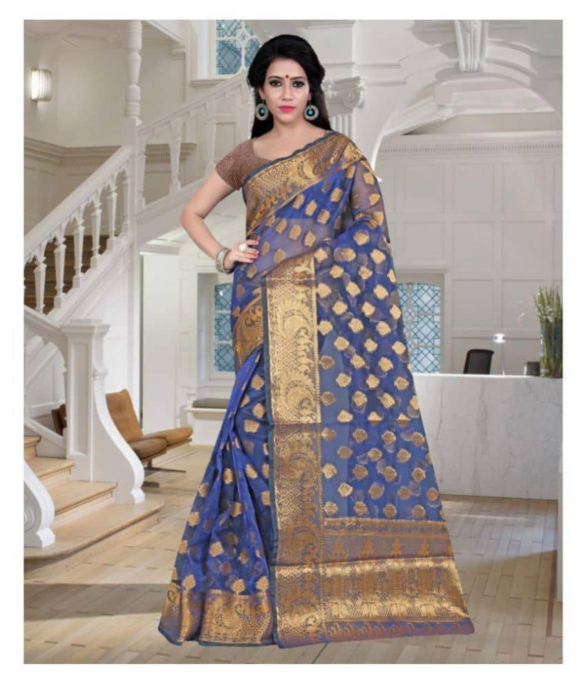 Gazal Fashions Silk Blend Printed Saree With Unstitched Blouse Piece ( Blue ) - Sarees | Buy online on ZillyBuy