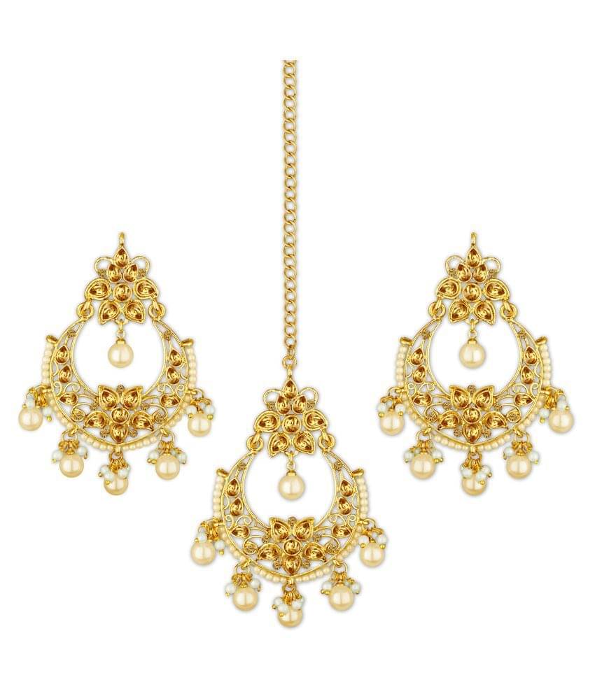 Spargz Traditional Gold Plated Synthetic Stone & Pearl Chandbali Earring With Maangtikka For Women Spargz Traditional Gold Plated Synthetic Stone & Pearl Chandbali Earring With Maangtikka For Women