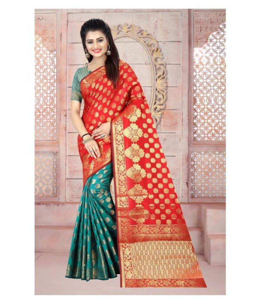 Gazal Fashions Silk Saree With Unstitched Blouse Piece ( Red,Beige ) - Sarees | Buy online on ZillyBuy