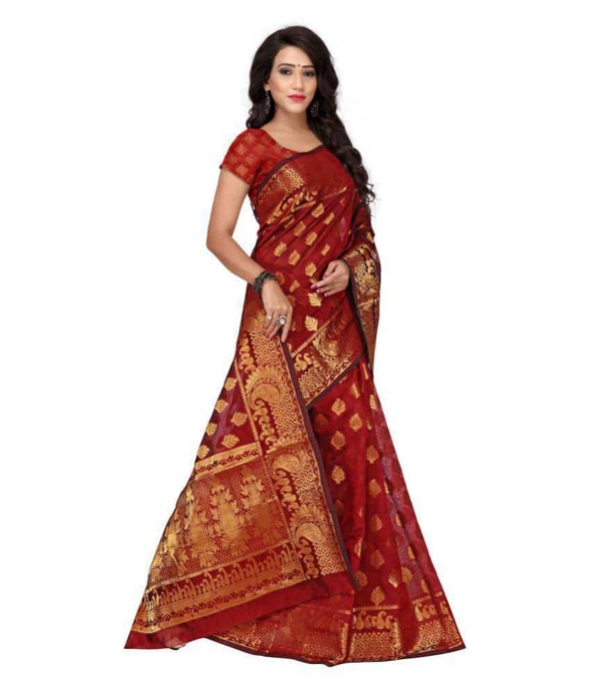 Gazal Fashions Silk Blend Printed Saree With Unstitched Blouse Piece ( Maroon ) - Sarees | Buy online on ZillyBuy