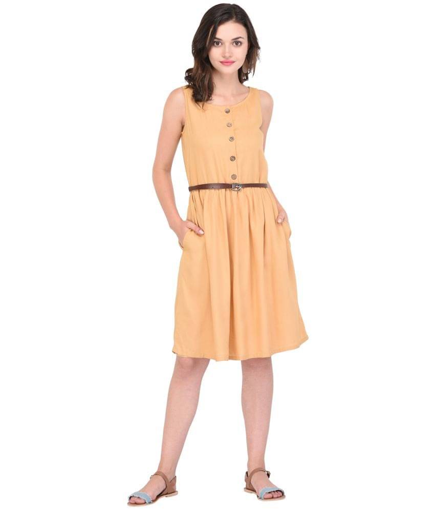 Purys Women Rayon Fit & Flare Dress ( Yellow )     			Purys Women Rayon Fit & Flare Dress ( Yellow )