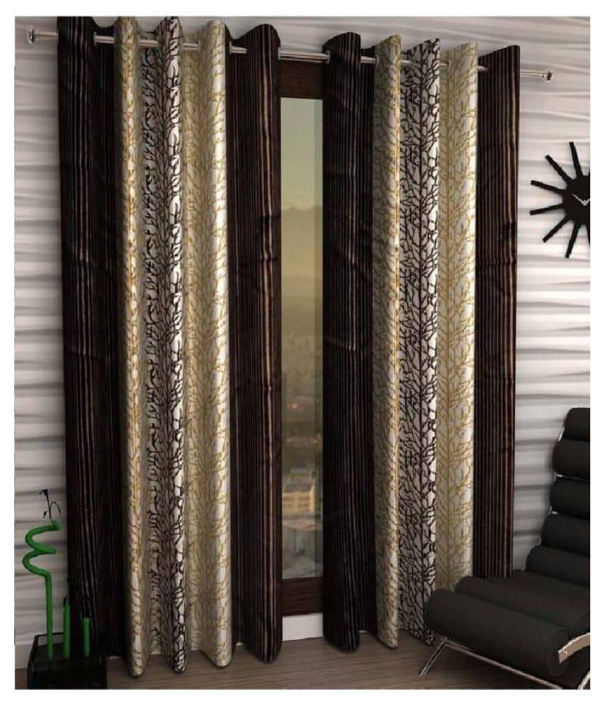 Phyto Home Floral Semi-Transparent Eyelet Door Curtain 7 ft Pack of 2 -Brown