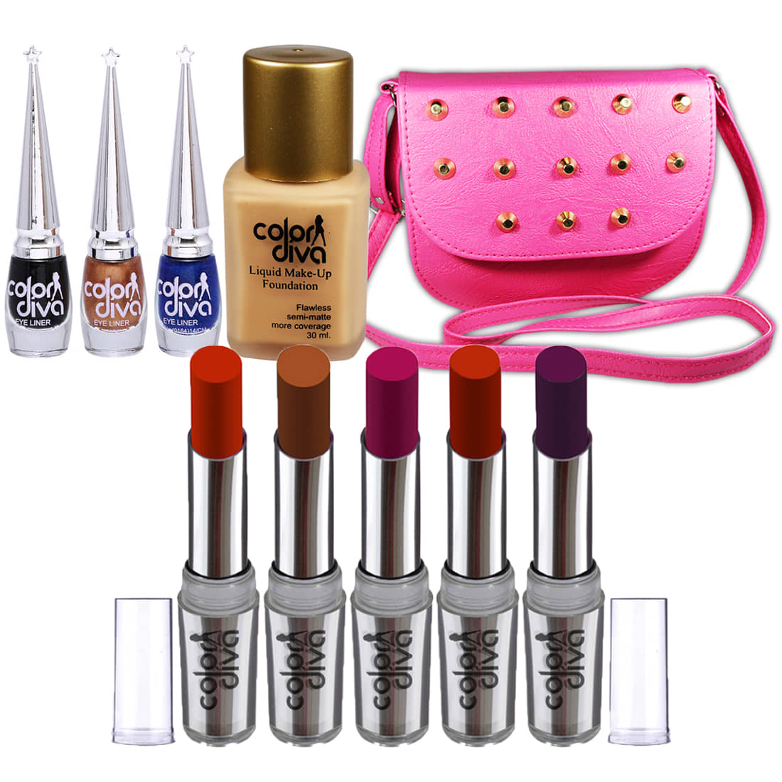 Color Diva Lipstick, Foundation, Bag & Liquid Eyeliner Multicolor Pack of 10 100 - Makeup - Eyes | Buy online on ZillyBuy