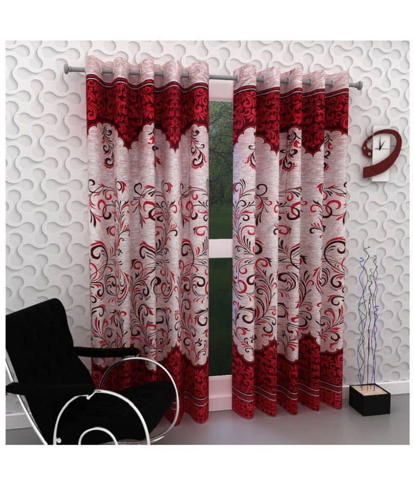 Panipat Textile Hub Floral Semi-Transparent Eyelet Window Curtain 5 ft Pack of 4 -Maroon