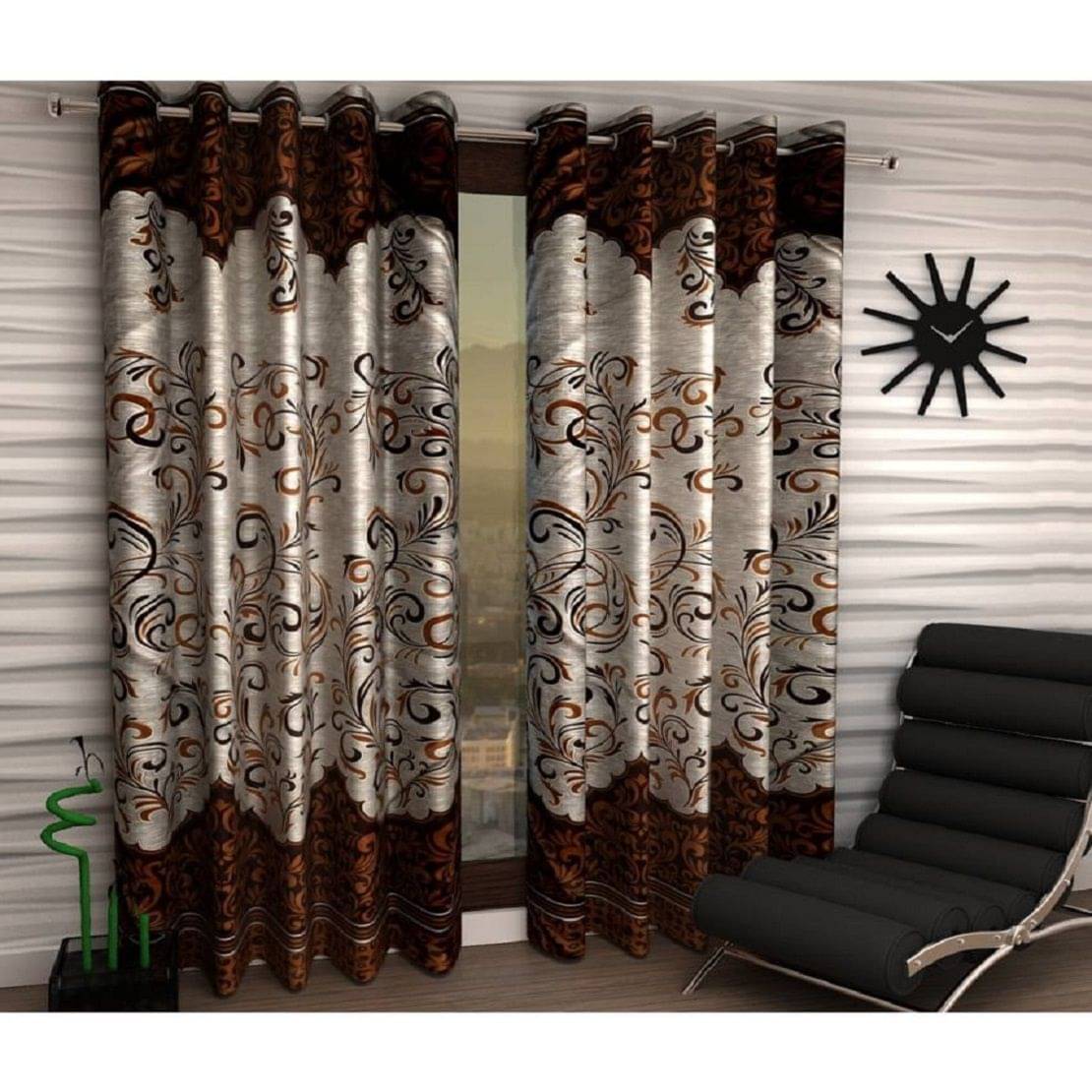 Phyto Home Floral Semi-Transparent Eyelet Window Curtain 5 ft Pack of 2 -Brown Phyto Home Floral Semi-Transparent Eyelet Window Curtain 5 ft Pack of 2 -Brown