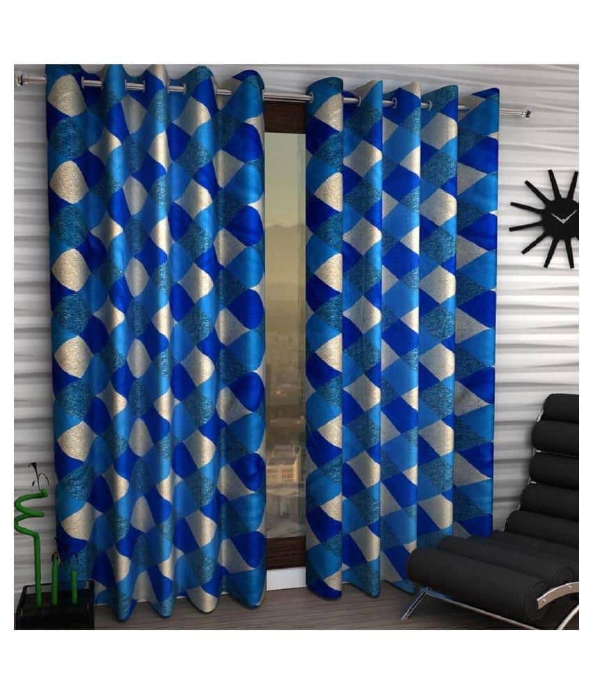 Phyto Home Floral Semi-Transparent Eyelet Window Curtain 5 ft Pack of 2 -Blue