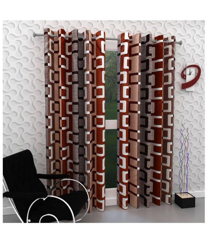 Phyto Home Printed Semi-Transparent Eyelet Door Curtain 7 ft Pack of 2 -Brown