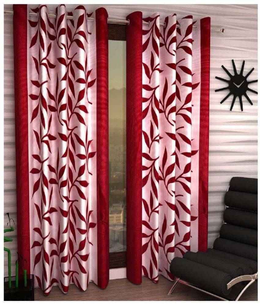 Phyto Home Floral Semi-Transparent Eyelet Window Curtain 5 ft Pack of 2 -Red Phyto Home Floral Semi-Transparent Eyelet Window Curtain 5 ft Pack of 2 -Red