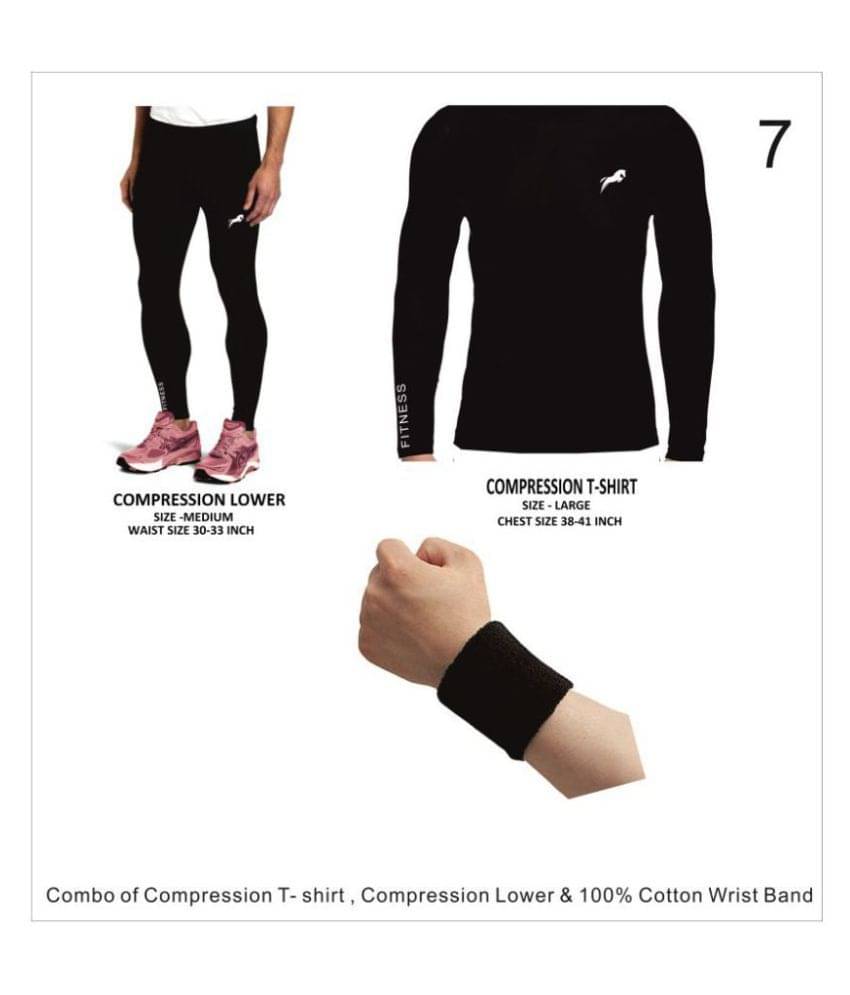 Rider Full Length Compression Lower With Full Sleeve T-shirt 100% COTTON Wrist band Free Multi Sports Exercise/Gym/Running/Yoga/Other Outdoor inner wear for Sports - Skin Tight Fitting - Black Color 3 pcs combo Rider Full Length Compression Lower With Full Sleeve T-shirt 100% COTTON Wrist band Free Multi Sports Exercise/Gym/Running/Yoga/Other Outdoor inner wear for Sports - Skin Tight Fitting - Black Color 3 pcs combo