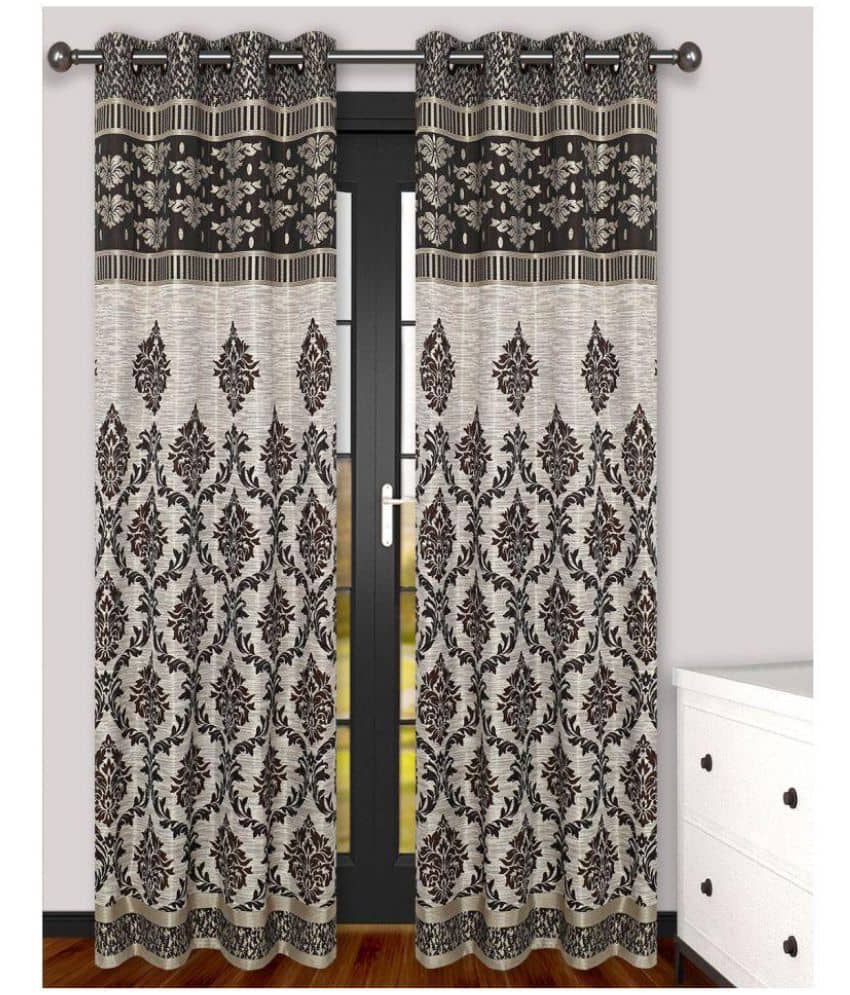 Tanishka Fabs Jacquard Blackout Eyelet Door Curtain 7 ft Pack of 2 -Brown