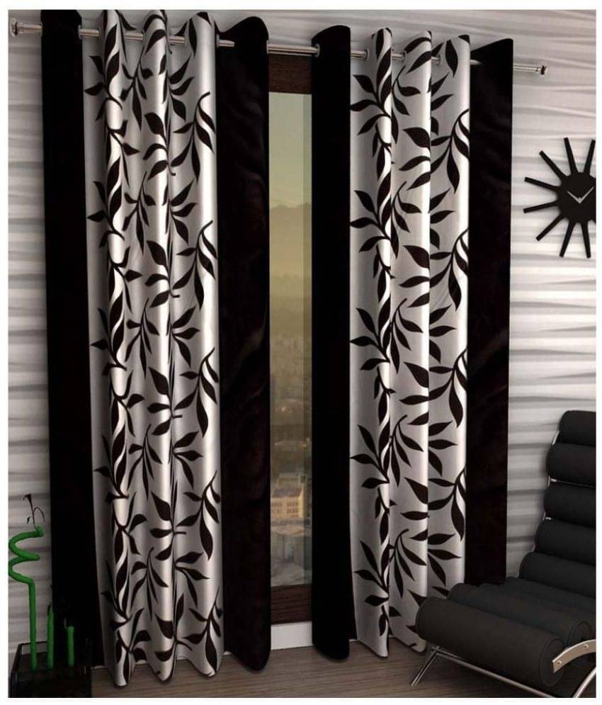 Tanishka Fabs Floral Semi-Transparent Eyelet Curtain 7 ft ( Pack of 2 ) - Black Tanishka Fabs Floral Semi-Transparent Eyelet Curtain 7 ft ( Pack of 2 ) - Black