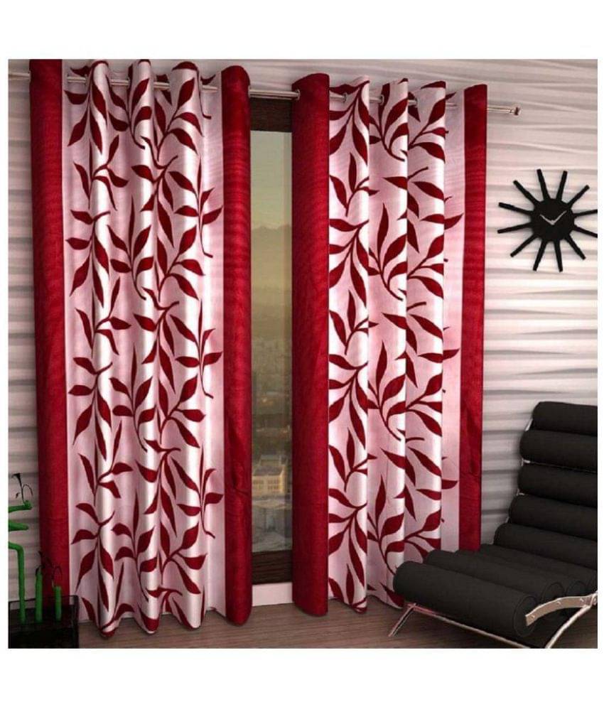 Tanishka Fabs Floral Semi-Transparent Eyelet Curtain 7 ft ( Pack of 2 ) - Red Tanishka Fabs Floral Semi-Transparent Eyelet Curtain 7 ft ( Pack of 2 ) - Red