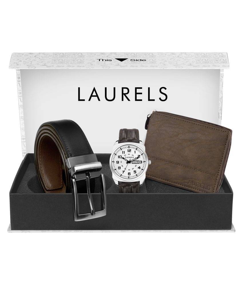     			Laurels Combo Pack: Silver Day & Date Function Watch, Brown Zip Wallet & Black-Brown Reversible Belt-CP-BD-070707-ZIP-09-MG-0209
