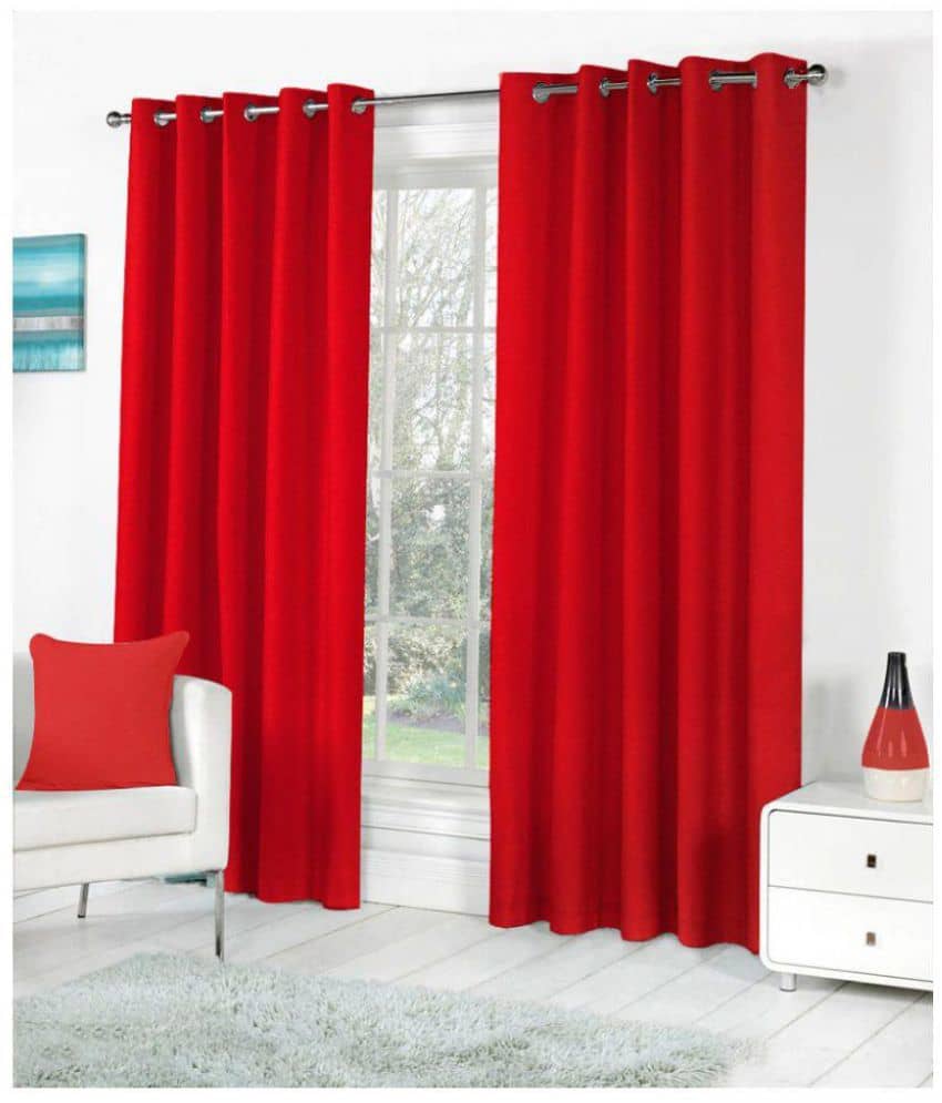 Tanishka Fabs Solid Semi-Transparent Eyelet Door Curtain 7 ft Pack of 2 -Red