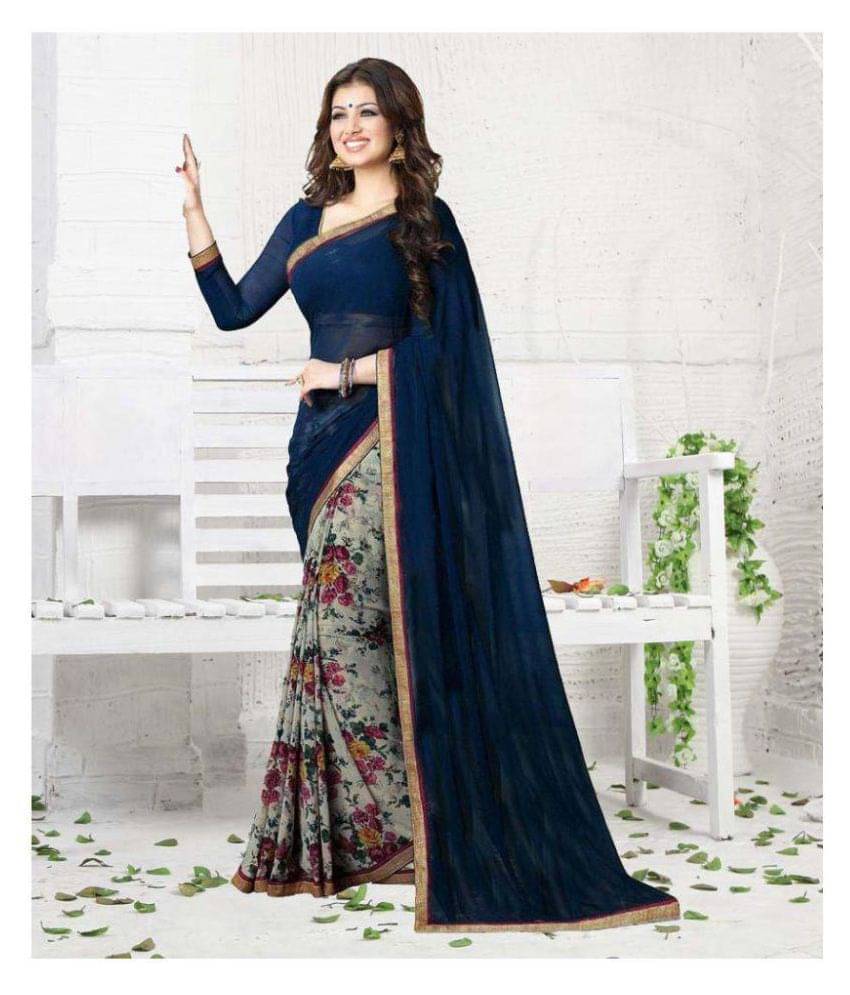 Gazal Fashions Georgette Printed Saree With Unstitched Blouse Piece ( Blue,Grey ) Gazal Fashions Georgette Printed Saree With Unstitched Blouse Piece ( Blue,Grey )