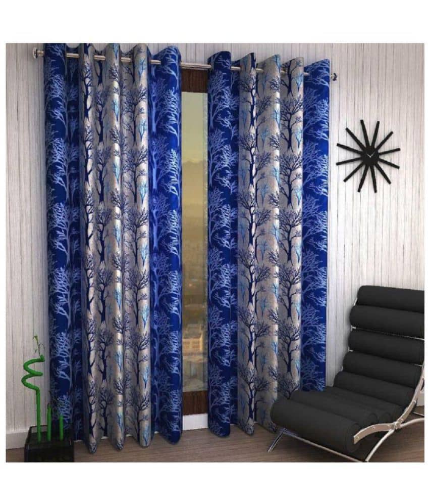 Tanishka Fabs Floral Semi-Transparent Eyelet Door Curtain 7 ft Pack of 2 -Blue