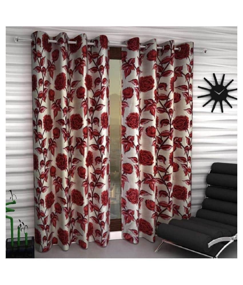 Tanishka Fabs Floral Semi-Transparent Eyelet Curtain 9 ft ( Pack of 2 ) - Maroon