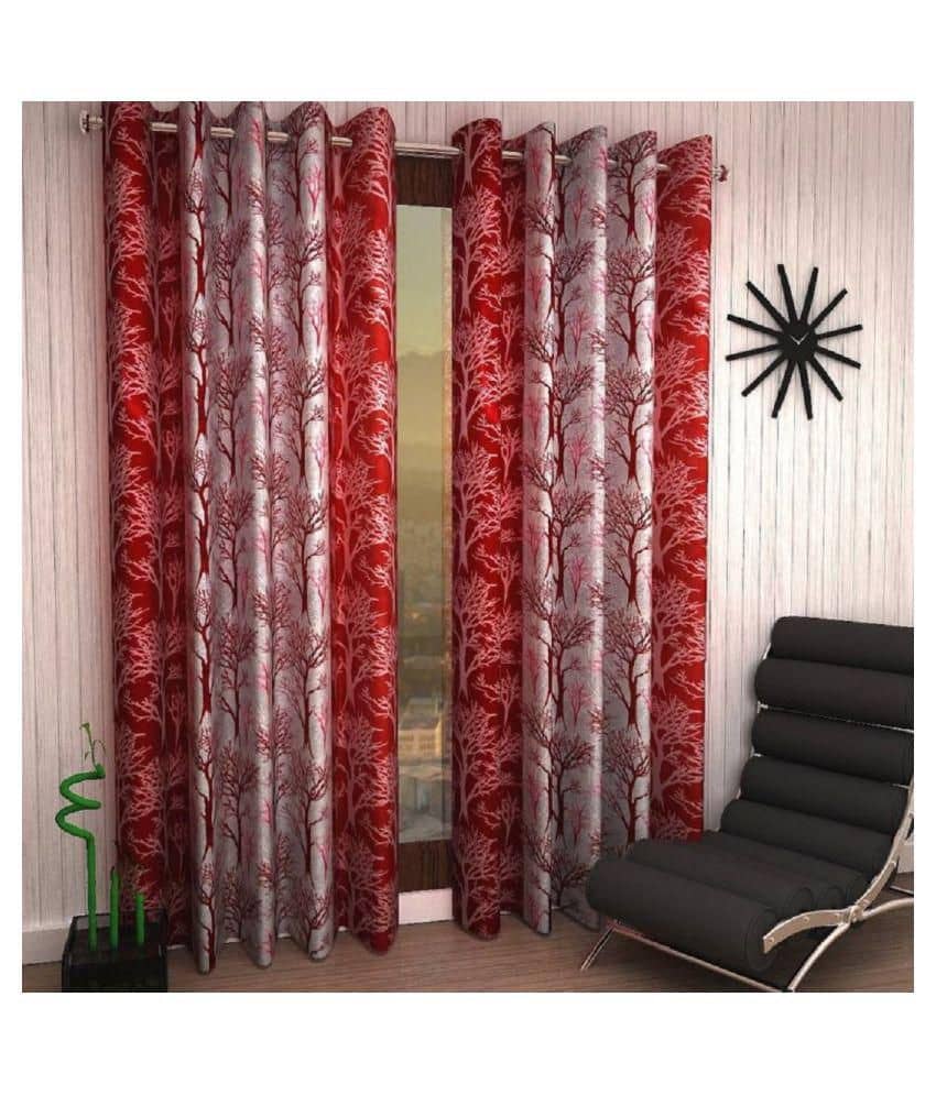 Phyto Home Floral Semi-Transparent Eyelet Door Curtain 7 ft Pack of 2 -Maroon