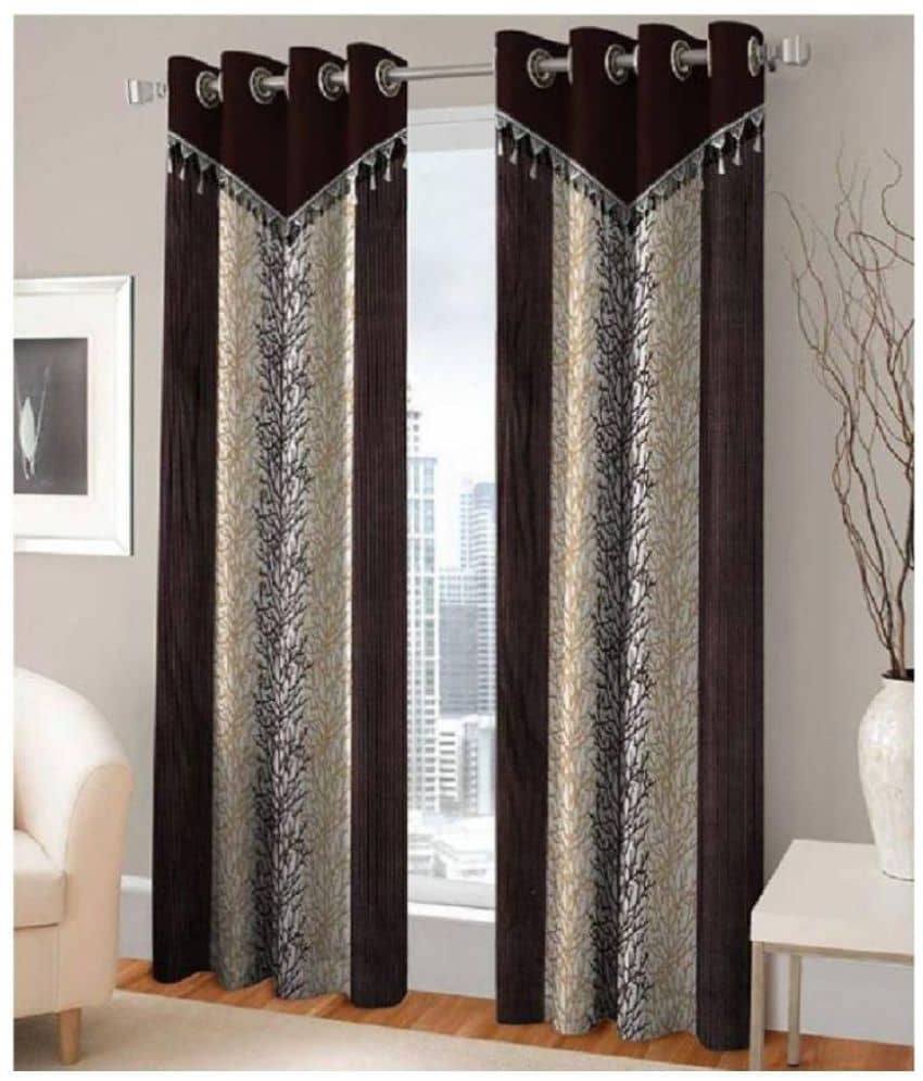 Phyto Home Floral Semi-Transparent Eyelet Door Curtain 7 ft Pack of 2 -Brown