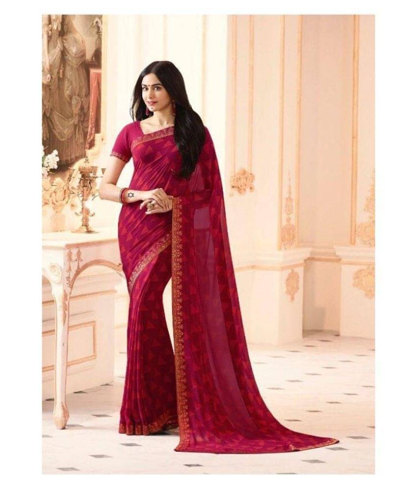 Gazal Fashions Georgette Printed Saree With Unstitched Blouse Piece ( Red,Maroon ) Gazal Fashions Georgette Printed Saree With Unstitched Blouse Piece ( Red,Maroon )