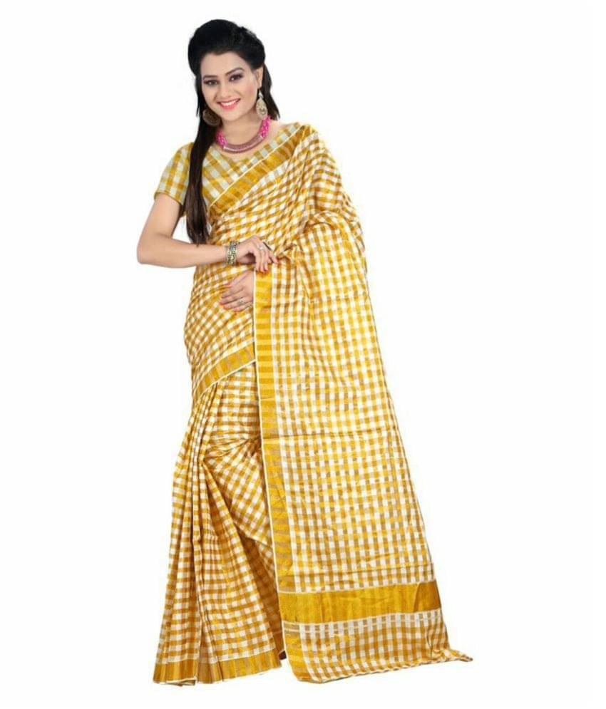 RSV FABRICS Kerela Cotton Saree With Unstitched Blouse Piece ( Yellow,Beige )     			RSV FABRICS Kerela Cotton Saree With Unstitched Blouse Piece ( Yellow,Beige )