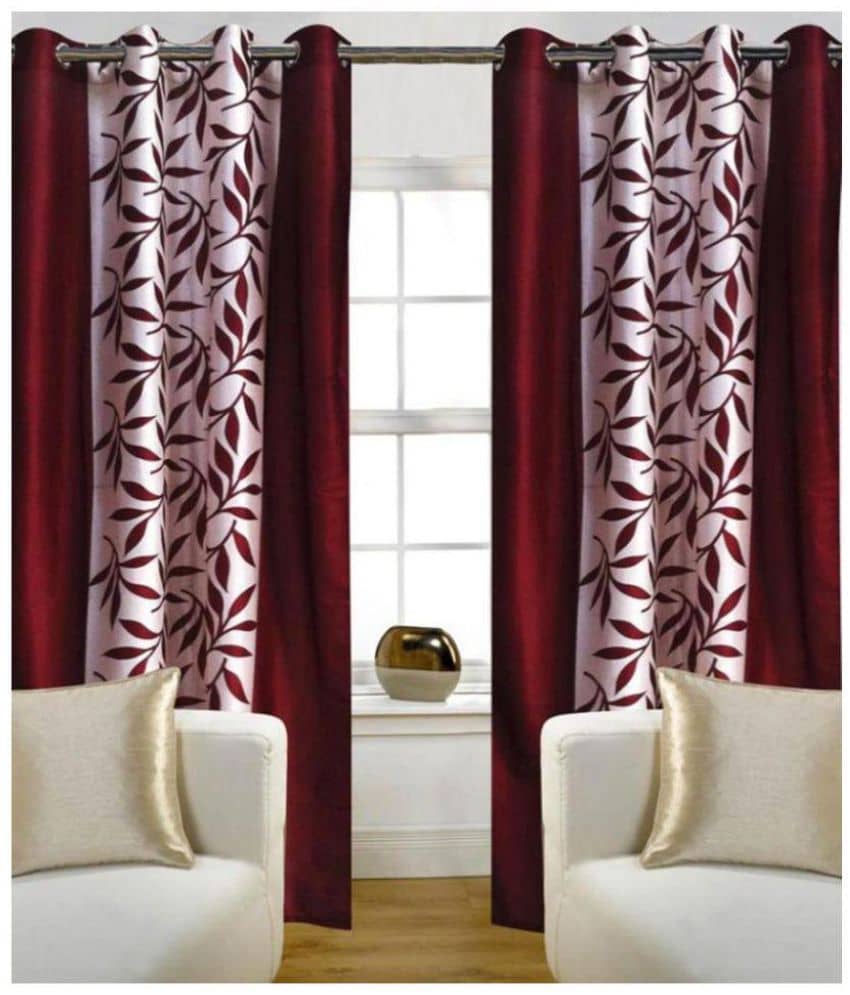 Panipat Textile Hub Floral Semi-Transparent Eyelet Long Door Curtain 9 ft Pack of 2 -Maroon