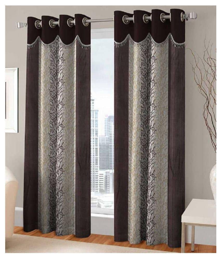 Phyto Home Floral Semi-Transparent Eyelet Long Door Curtain 9 ft Pack of 4 -Brown
