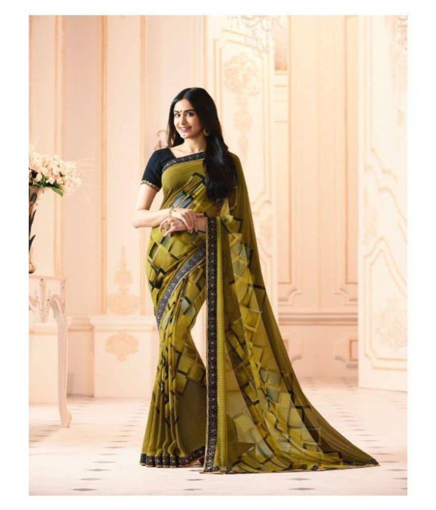 Gazal Fashions Georgette Printed Saree With Unstitched Blouse Piece ( Green,Brown ) - Sarees | Buy online on ZillyBuy