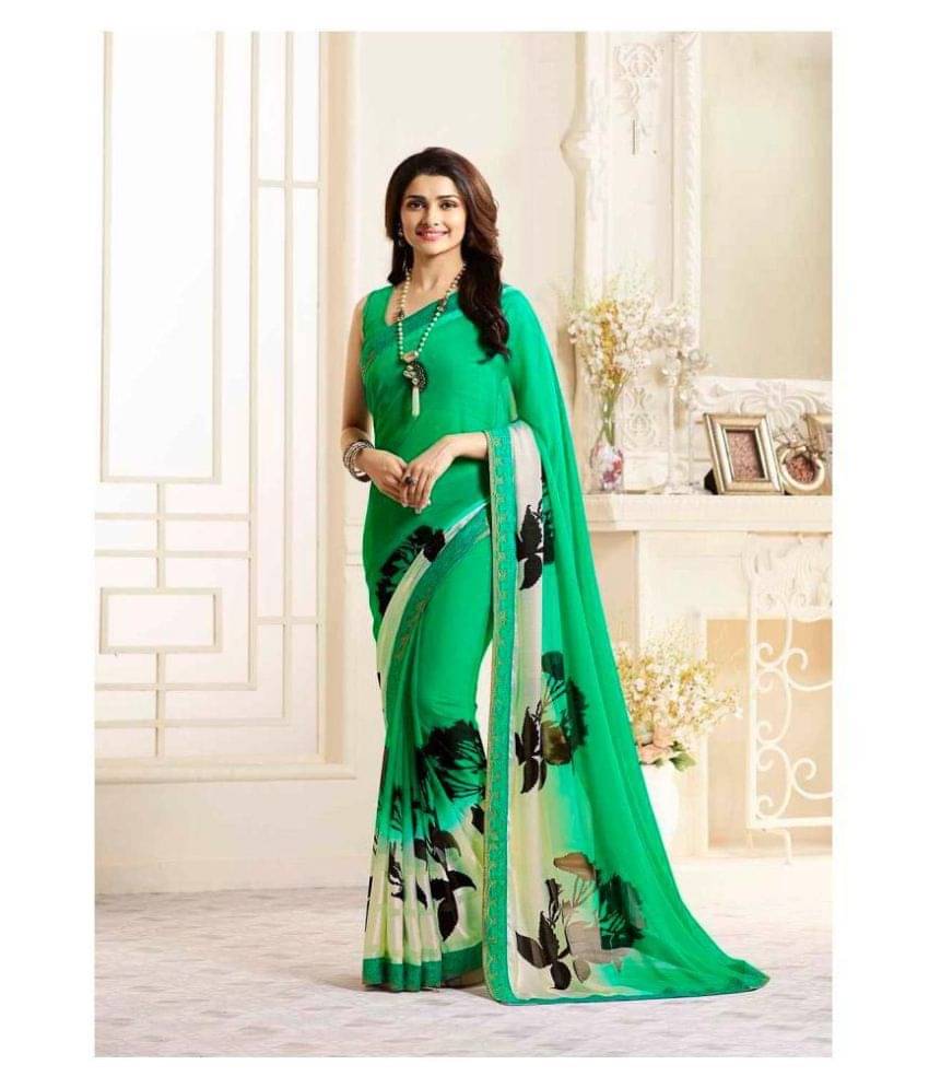 Gazal Fashions Chiffon Solid Saree With Unstitched Blouse Piece ( Green ) Gazal Fashions Chiffon Solid Saree With Unstitched Blouse Piece ( Green )