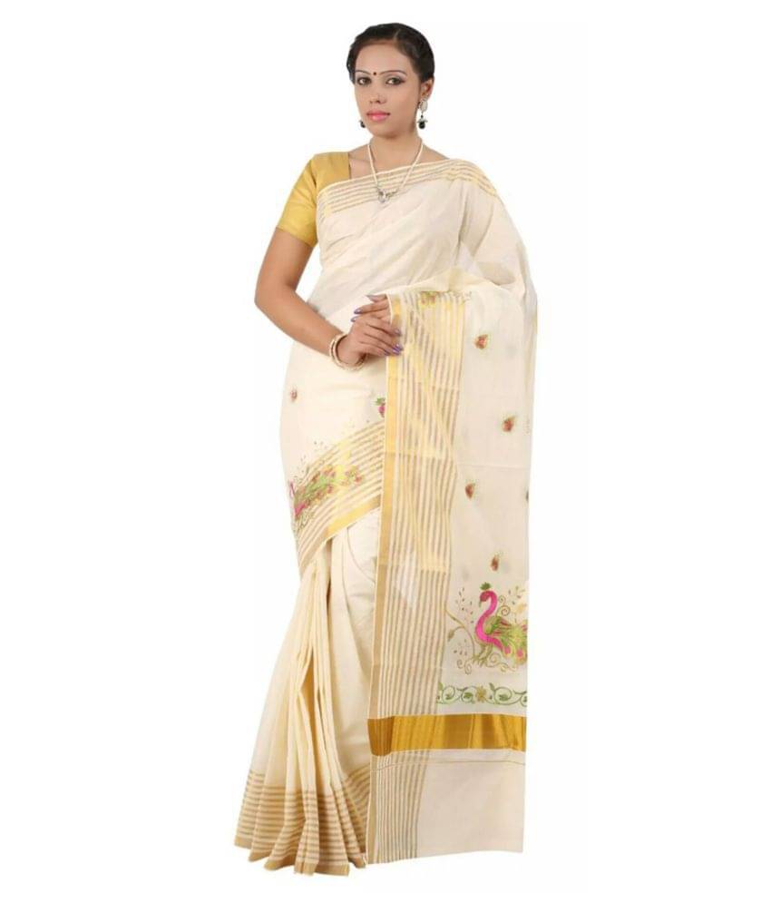 RSV FABRICS Kerela Cotton Saree With Unstitched Blouse Piece ( White,Beige ) RSV FABRICS Kerela Cotton Saree With Unstitched Blouse Piece ( White,Beige )