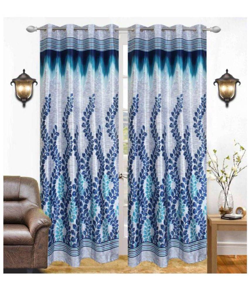     			Tanishka Fabs Floral Semi-Transparent Eyelet Door Curtain 7 ft Pack of 2 -Blue