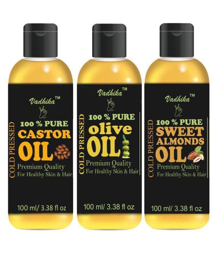 Vadhika 100 % Pure & Natural Castor & Olive & Sweet Almonds Oil 300 ml Pack of 3 Vadhika 100 % Pure & Natural Castor & Olive & Sweet Almonds Oil 300 ml Pack of 3
